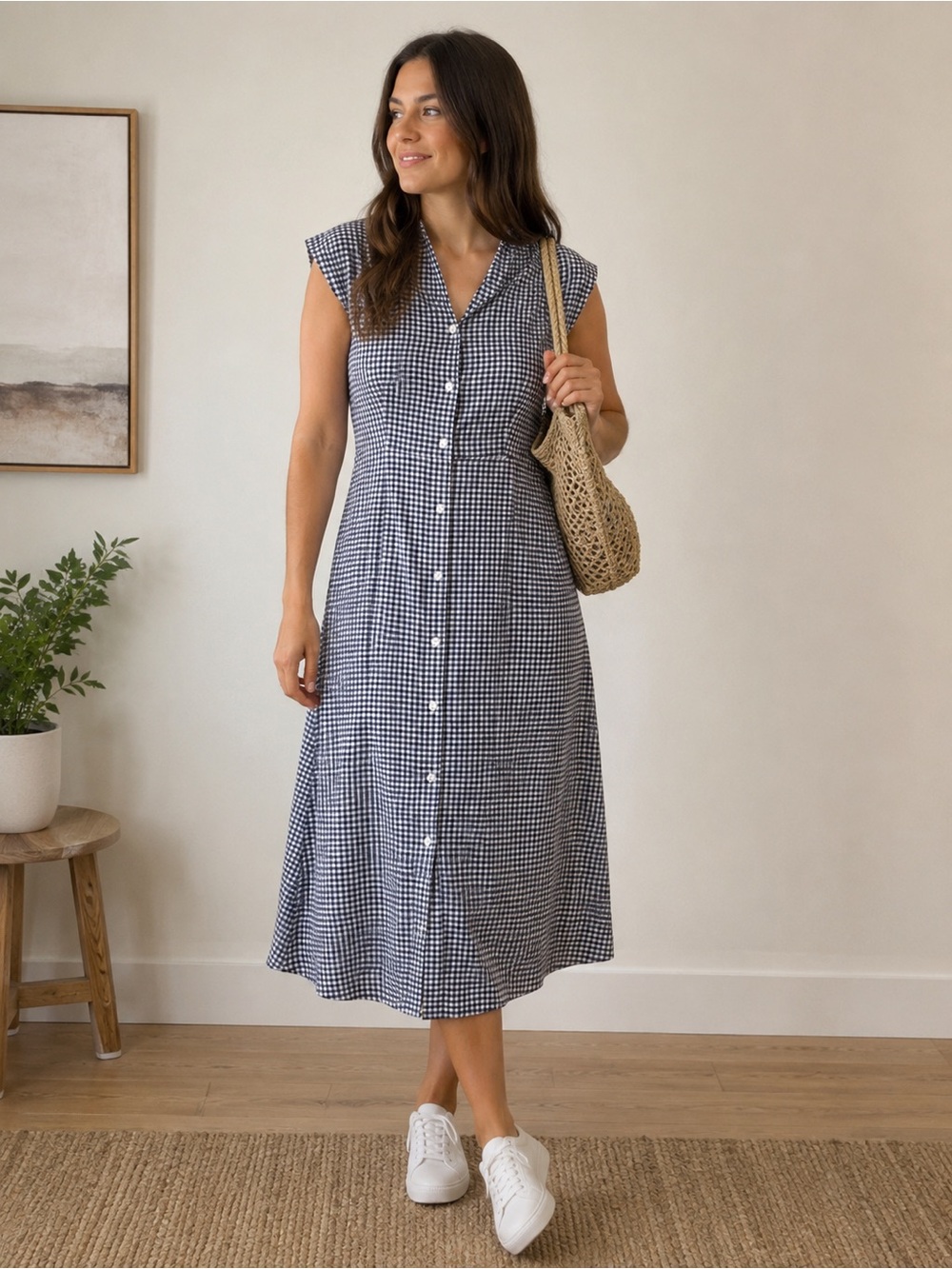 Uniqlo Navy Gingham Button-Front Midi Dress